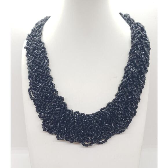 Black Glass Bead Multi Strand Braided Necklace Chunky Wide Twist Collar Choker - Picture 2 of 10